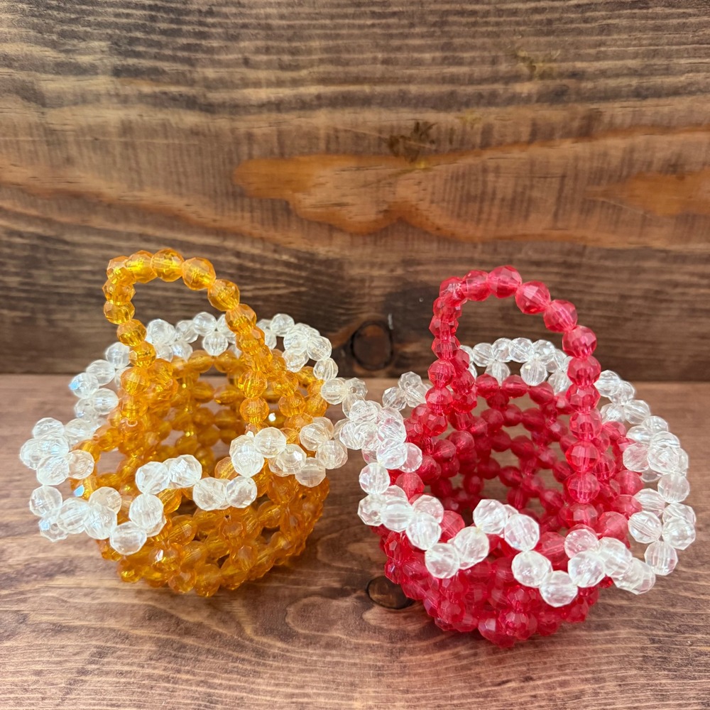 Vintage Style Mini Woven Bead Baskets Red Amber Orange Trinket Holders Set 2
